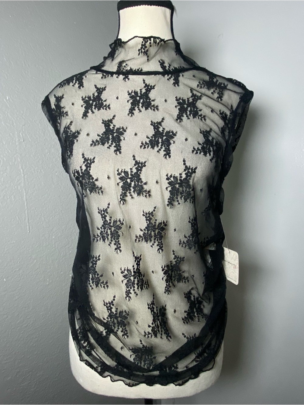 Free People Black Floral Lace Frilly Mock Neck Top Size XL